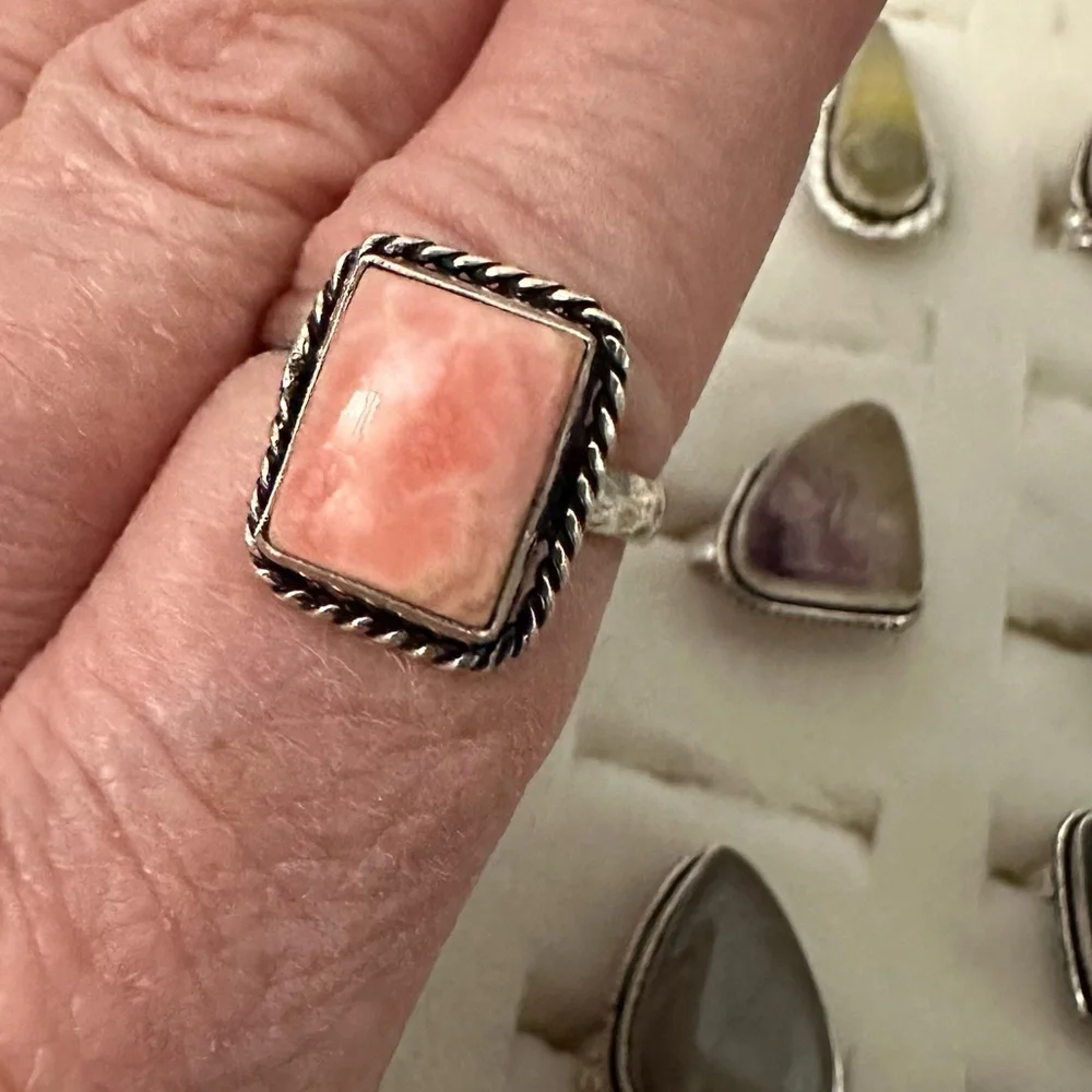 💕‎ Rhodochrosite dainty rectangle ring silver overlay adjustable hand crafted